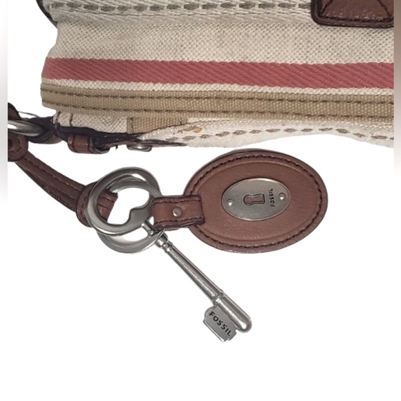 FOSSIL Vintage Retro Style Messenger Crossbody Canvas & Leather Bag w/Key Logo - Picture 9 of 14
